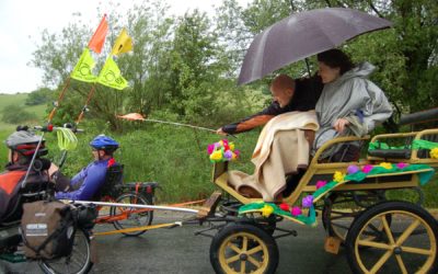 Three AZUB recumbent trikes towing ponny buggy during wedding celebration